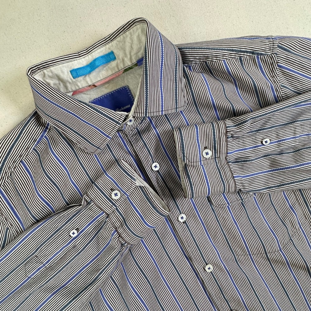 Tommy Bahama Mens Blue White Striped Cotton Button Down Shirt M 123-T34463